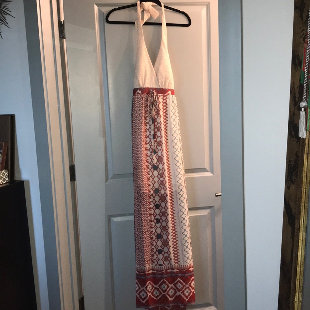 100% polyester halter top maxi with sheer bottom